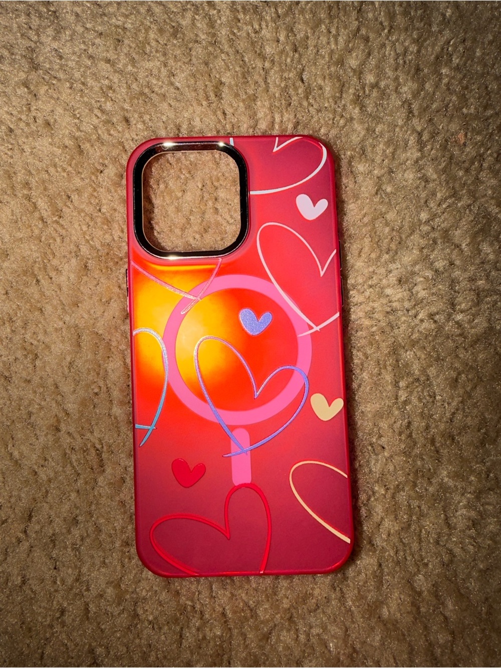 15 pro max Pink Iridescent Heart Pattern Phone Case, MagSafe Compatible